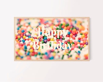 Samsung Frame TV Art Happy Birthday Vintage Retro Font Ice Cream Cake Bokeh Candy Rainbow Sprinkles Modern Summer Photo Art Digital Download