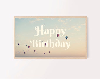 Samsung Frame TV Art Happy Birthday Vintage Retro Magical Dreamy Summer Hot Air Balloons Clouds Bokeh Sky Modern Digital Download Pastel