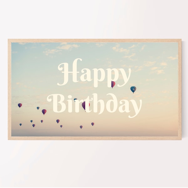 Samsung Frame TV Art Happy Birthday Vintage Retro Magical Dreamy Summer Hot Air Balloons Clouds Bokeh Sky Modern Digital Download Pastel