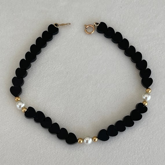 Vintage 14K Solid Yellow Gold Pearl Onyx Heart Ge… - image 7
