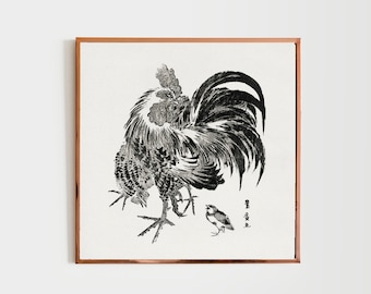 Vintage Digital Download Print Japandi Rooster Hen Chicken Chick Family Farmhouse Antique Japanese Printable Wall Art Minimalist Woodblock