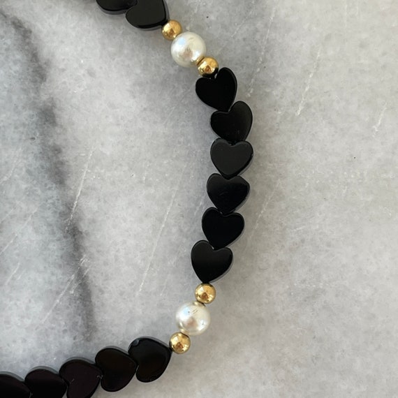 Vintage 14K Solid Yellow Gold Pearl Onyx Heart Ge… - image 3