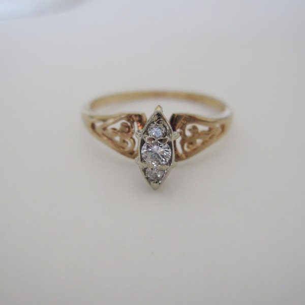 14k Estate Vintage Natural Diamonds Three Stone Gold Art Deco Edwardian Georgian style Antique Navette Marquis Engagement Something Old Ring