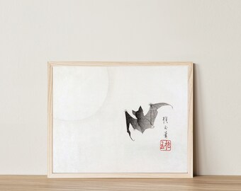 Japandi Digital Print Download Printable Art Antique Japanese Bat Moon Vintage Watercolor Neutral Minimalist Fall Decor Halloween Celestial