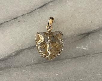 14K Gold Vintage Crystal Glass Cat Charm, Good Luck Necklace Pendant