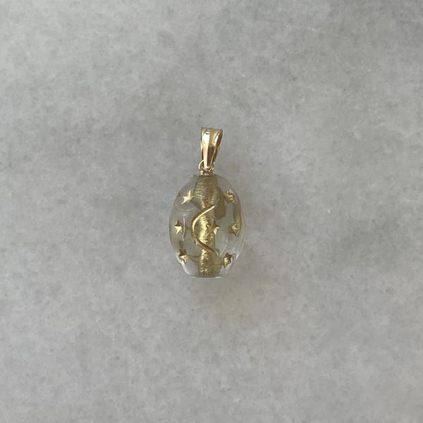 Solid 14K Yellow Gold Bail Crescent Moon Stars Glass Pendant Vintage Style