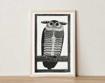 Digital Download Art Print Vintage Owl Illustration Antique Black and White Minimalist Arts & Crafts Bird Painting Cabincore Printable Moody