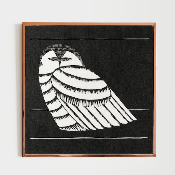 Digital Download Art Print Vintage Snowy Owl Illustration Antique Black White Minimalist Arts Crafts Bird Painting Cabincore Printable Moody