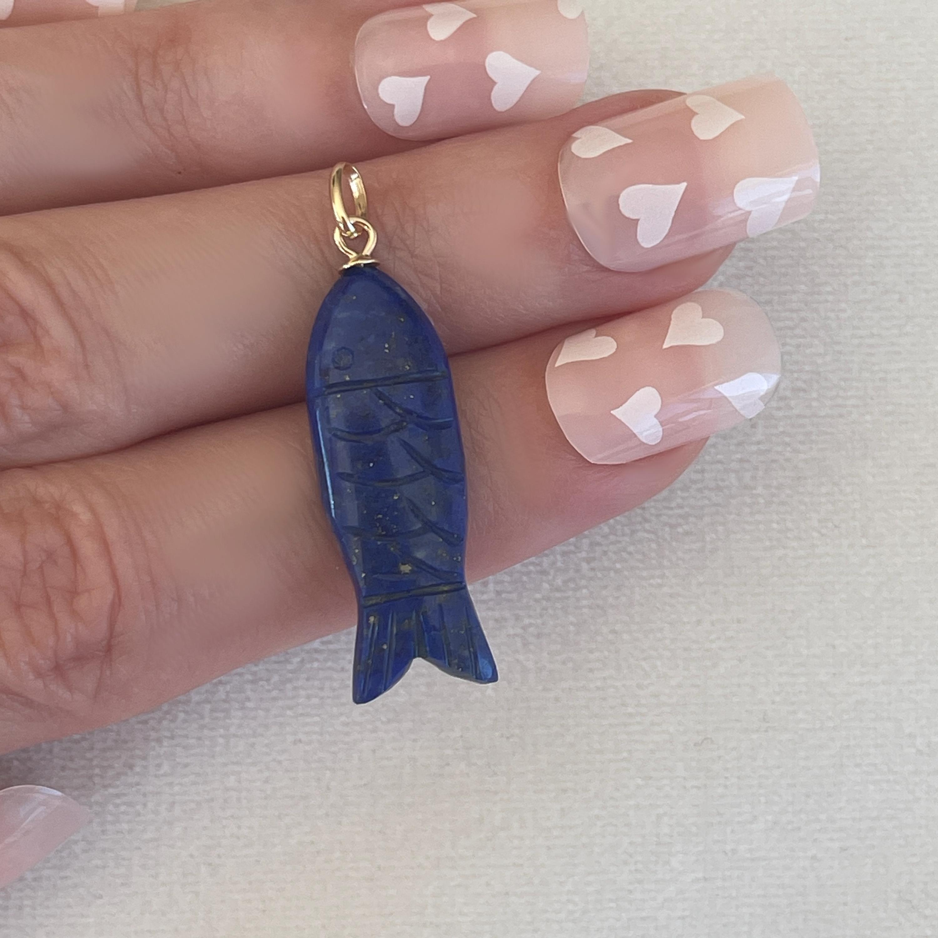 Solid 14K Yellow Gold Blue Lapis Lazuli Lucky Fish Charm Natural Genuine Gemstone Celestial Necklace Pendant Chunky Sardine Abundance Charm
