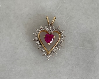 Vintage Solid 10K Yellow White Gold Genuine Ruby Pink Color Natural Topaz Diamond Halo Heart Pendant Charm 90s November Birthstone Gem 417