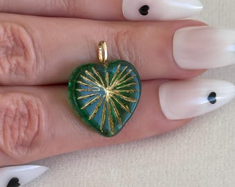 Solid 14K Gold Heart North Star Pendant, Czech Emerald Green Glass Starburst Polaris Charm