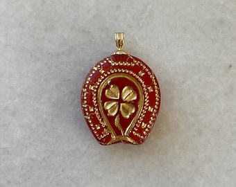 Solid 14K Gold Horseshoe Clover Pendant: Carnelian Red Bohemian Glass Amulet Vintage Victorian Style