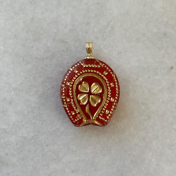 Solid 14K Gold Horseshoe Clover Pendant: Carnelian Red Bohemian Glass Amulet Vintage Victorian Style