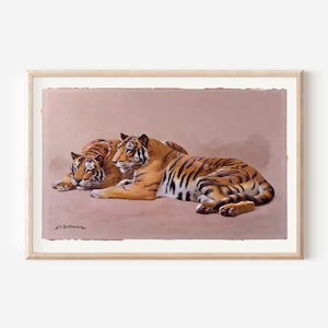 Antik tigermålning: Vintage djungeltryck, bohemisk Palm Beach-dekor (digital nedladdning)