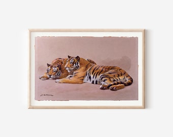 Cuadro antiguo de tigre: Impresión vintage de jungla, decoración bohemia de palmeras (descarga digital)