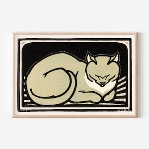 Impressão digital vintage para download de Graag, gato dormindo, arte nova, artesanato, ilustração de animal para impressão, arte de parede mal-humorada, boho, gótico, eclético