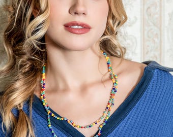 Colorful beaded necklace, handmade statement jewelry, crocheted necklace, wearable art