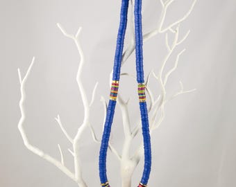 Blue Vinyl Record Bead Necklace, Colorful Boho Statement Necklace, Recycled Beaded Jewelry, Artistic Multicolor Collar Necklace, Eco Friendl