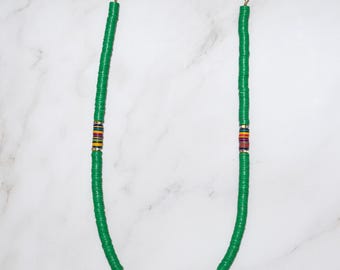 Green Vinyl Record Bead Necklace, Recycled Statement Necklace, Boho Artisan Jewelry, Eco Friendly Gift for Women, Colorful Beaded Necklace