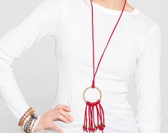 Red suede necklace, red fringe necklace, boho necklace, leather necklace , red tassel necklace
