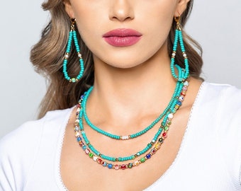 Beaded layer necklaces with earrings, jewelry set, boho jewelry set