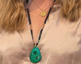Malachite Statement Necklace, Boho Beaded Necklace, Celebrity Featured Jewelry Oscars Gift Lounge, Obsidian Peach Moonstone Necklace,