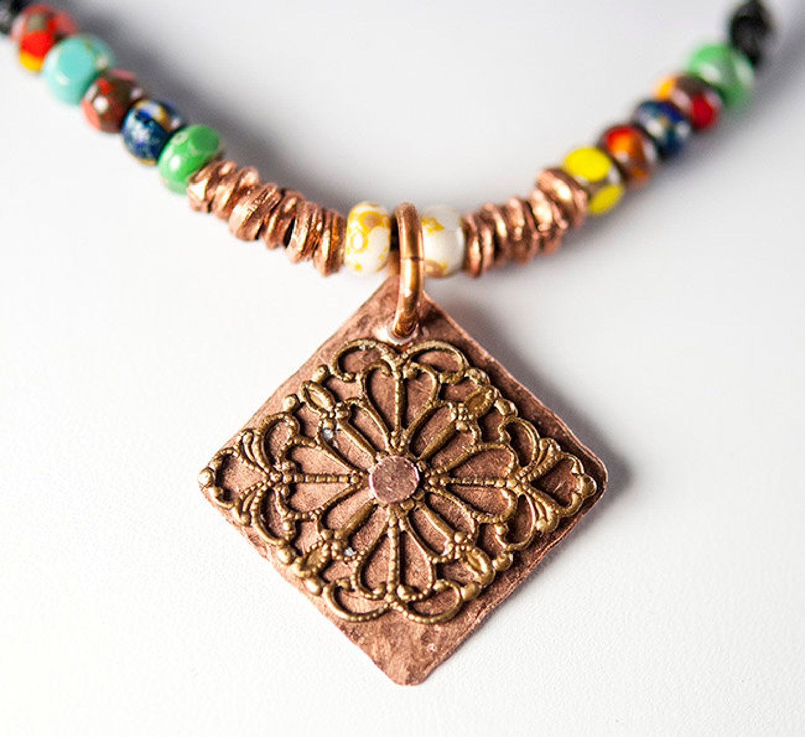 Hammered Copper Necklace With Rustic Czech Glass Beads Etsy