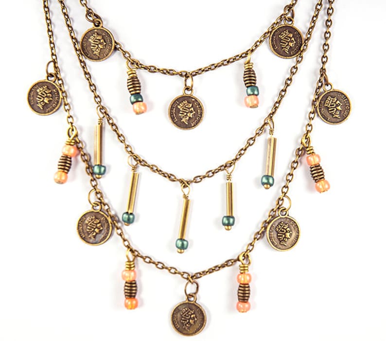 coin jewelry boho jewelry set Multilayered coin necklace with matching earrings