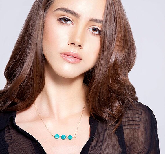 Turquoise bead necklace, 14 kt gold chain necklace, gemstone necklace, beaded necklace, fine jewelry