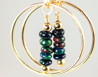 Ethiopian Black Opal Earrings, Gold-Filled Hoops, Gemstone Dangle