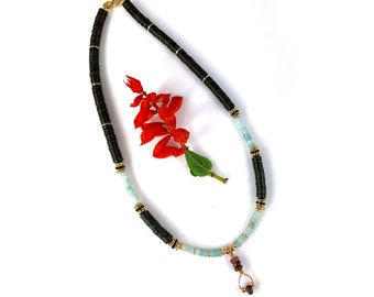 Recycled Vinyl Amazonite Necklace, Tourmaline Pendant, Handmade