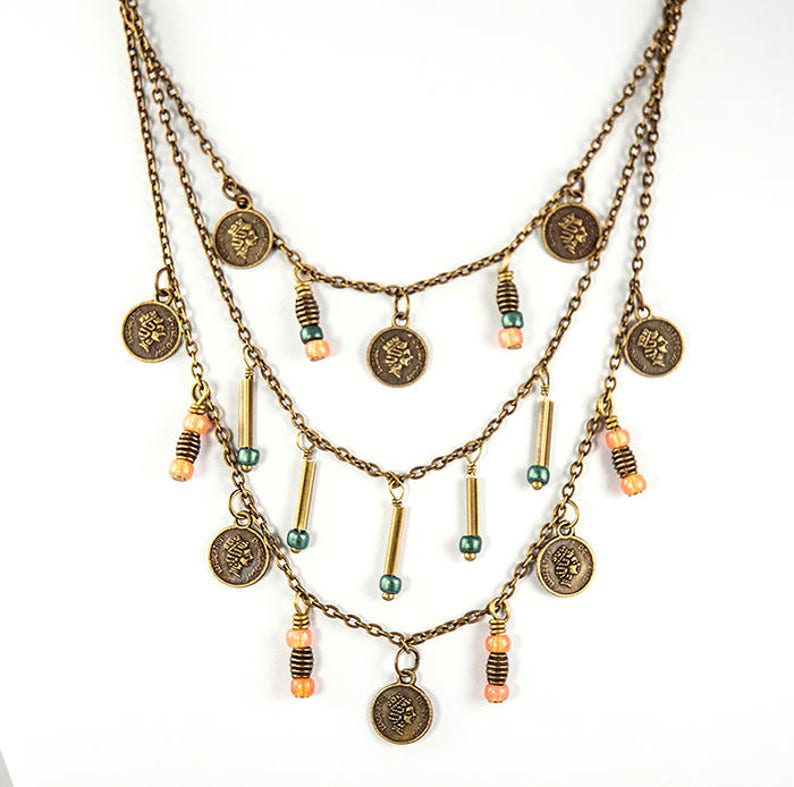 coin jewelry boho jewelry set Multilayered coin necklace with matching earrings