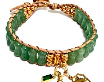 Beaded Leather Wrap Bracelet with Natural Emerald and Birth Flower Charm, Birthstone Jewelry, Aventurine Jewelry, Birthday Gift for Women