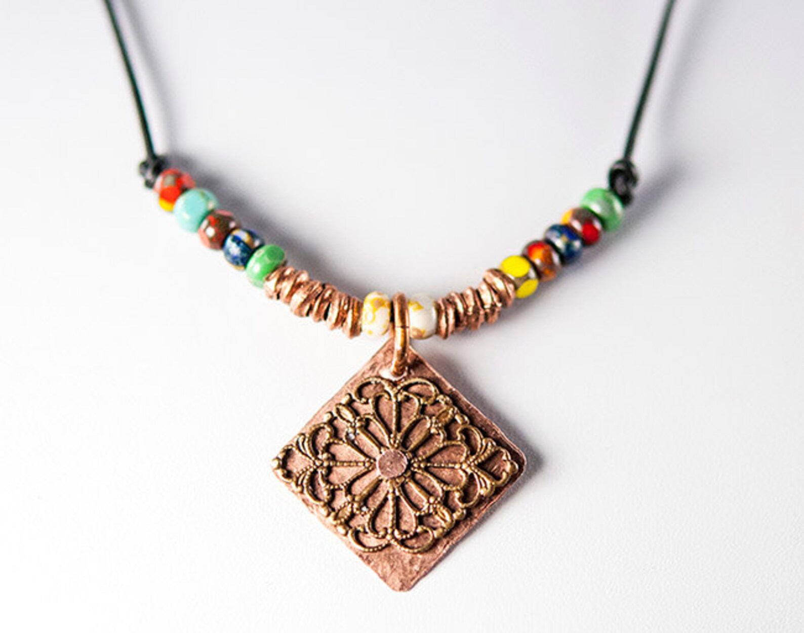 Hammered Copper Necklace With Rustic Czech Glass Beads Etsy