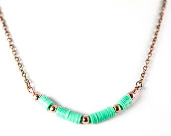 Seafoam Green African Vinyl Bead Necklace, Recycled Boho Necklace, Copper Chain Necklace, Eco Friendly Jewelry, Artisan Statement Necklace