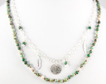 Hand Knotted Jade Necklace, Boho Layered Necklace, Green Gemstone Jewelry, Sterling Silver Charm Necklace, Artisan Beaded Necklace, Gift for