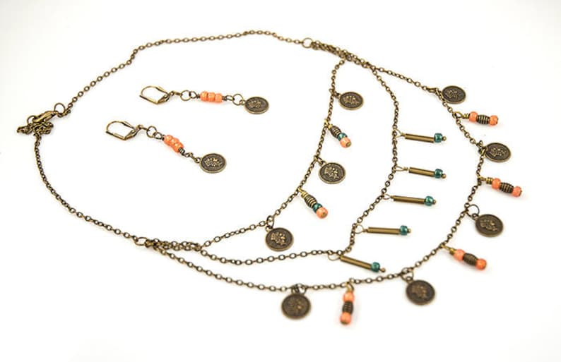 coin jewelry boho jewelry set Multilayered coin necklace with matching earrings