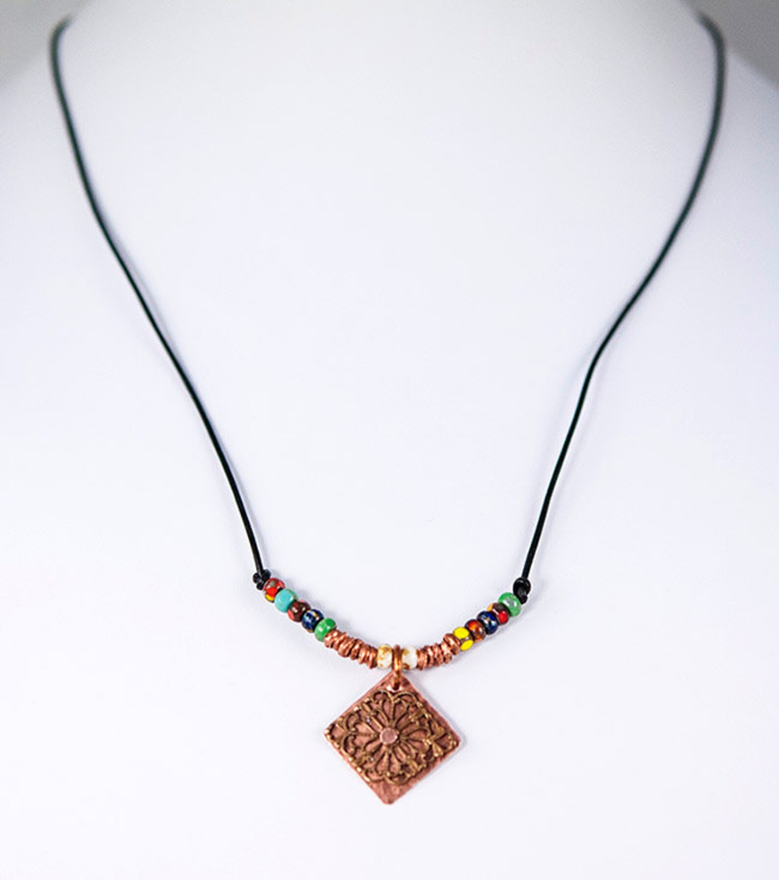 Hammered Copper Necklace With Rustic Czech Glass Beads Etsy