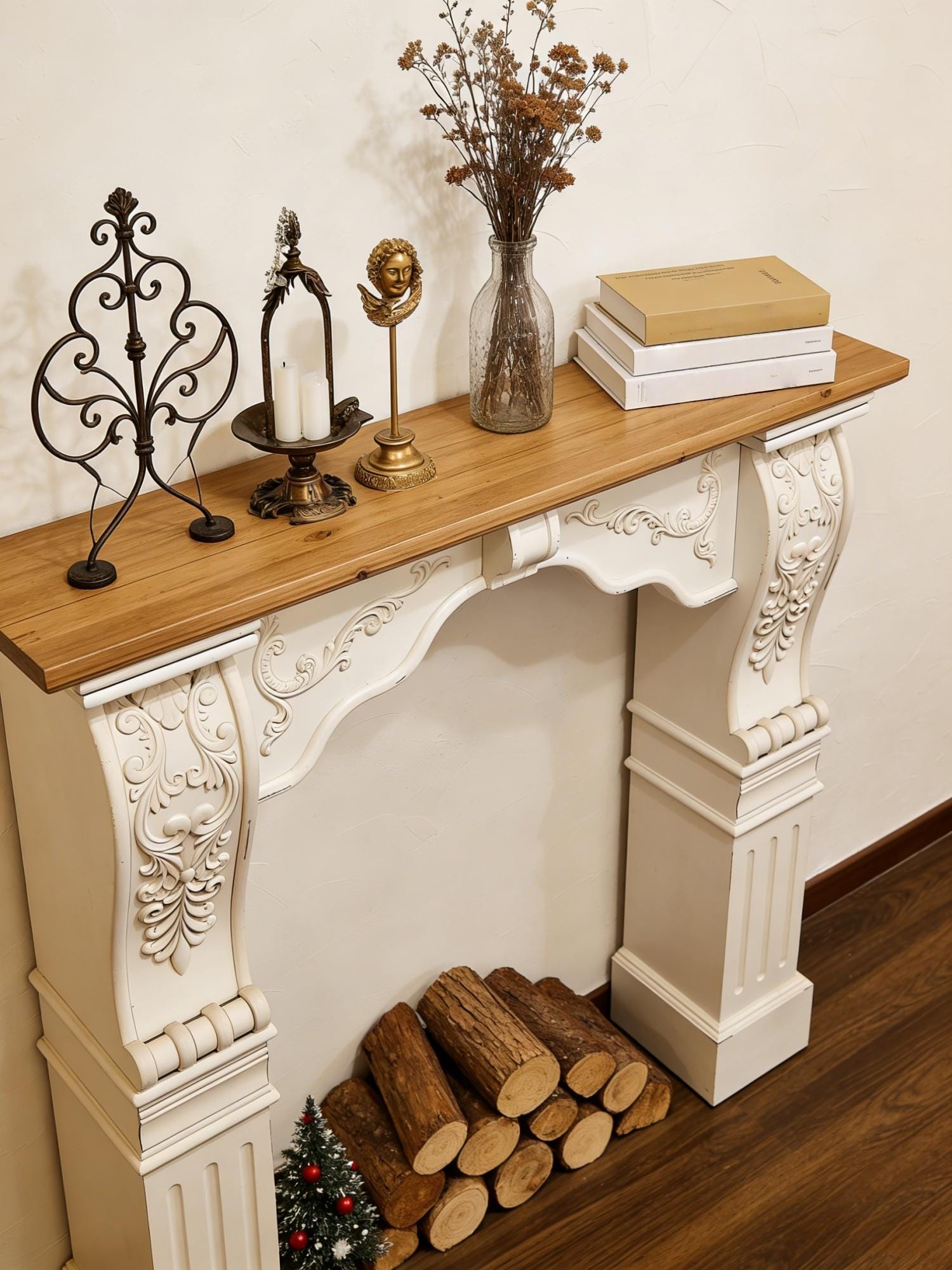 Distressed White Wood Fireplace Mantel Shelf - Custom Size & Color