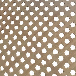 May include: A close-up of a wooden lattice screen with a repeating pattern of diamond shapes. Each diamond contains an eight-pointed star-shaped cutout. The wood has a light brown color and a natural grain.