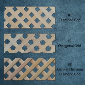 three different types of wooden lattice patterns: a diamond grid, an octagonal grid, and a dual-parallel-lines grid.