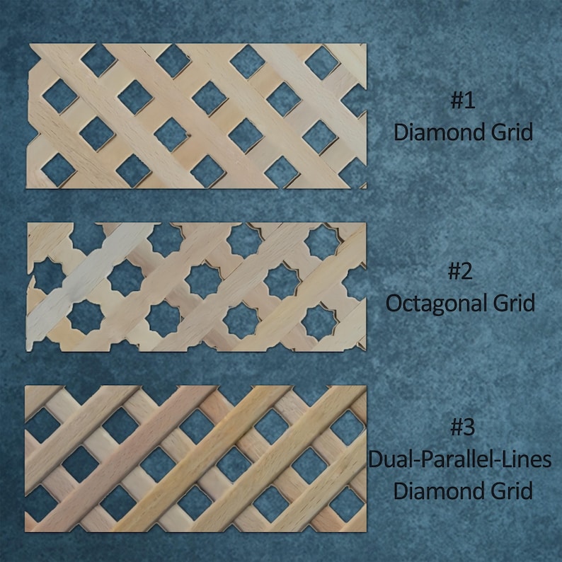 three different types of wooden lattice patterns: a diamond grid, an octagonal grid, and a dual-parallel-lines grid.