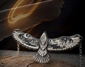 Collar de halcón con paisaje en plata de ley, joyería de pájaro hecha a mano