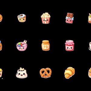 May include: A collection of cartoon-style illustrations of various desserts and snacks on a black background. The image includes a cinnamon roll, cupcake, popcorn, chocolate bar, cake, jar of honey, ice cream, jar of peanut butter, jam, tea, fruit cup, pudding, pretzel, croissant, and a muffin.