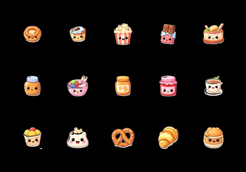 May include: A collection of cartoon-style illustrations of various desserts and snacks on a black background. The image includes a cinnamon roll, cupcake, popcorn, chocolate bar, cake, jar of honey, ice cream, jar of peanut butter, jam, tea, fruit cup, pudding, pretzel, croissant, and a muffin.
