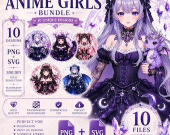 Dark Fantasy Anime Girls Bundle, 10 Designs, PNG SVG (Digital Download)