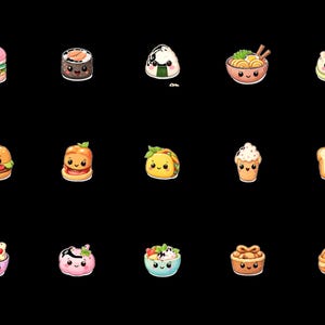 May include: A collection of 15 cartoon food illustrations on a black background. The illustrations include a macaron, sushi roll, onigiri, ramen bowl, dumpling, burger, hot dog, taco, ice cream, toast, fruit salad, mochi, salad, and a pastry.