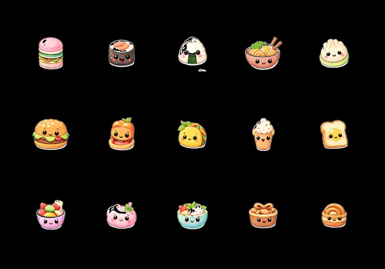 May include: A collection of 15 cartoon food illustrations on a black background. The illustrations include a macaron, sushi roll, onigiri, ramen bowl, dumpling, burger, hot dog, taco, ice cream, toast, fruit salad, mochi, salad, and a pastry.