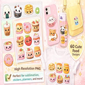May include: An assortment of cute food-themed designs, including stickers, a phone case, a water bottle, and a t-shirt. The designs feature smiling characters of sushi, pancakes, donuts, and more. The image also includes the text "60 Cute Food Designs."