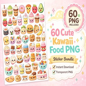 May include: A sheet of 60 cute kawaii food PNG stickers, including donuts, sushi, burgers, and fruit. The stickers are in a variety of colors and styles, with smiling faces. The image also includes text that says "60 Cute Kawaii Food PNG Sticker Bundle."